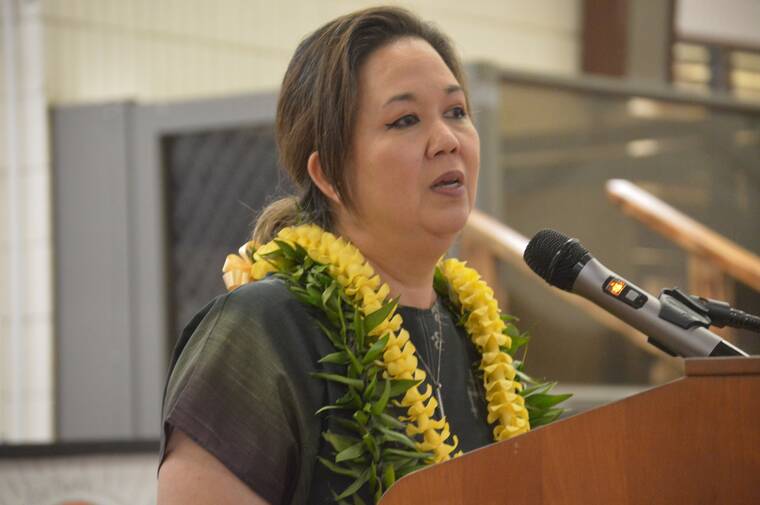 U.S. Rep. Jill Tokuda addresses a crowd